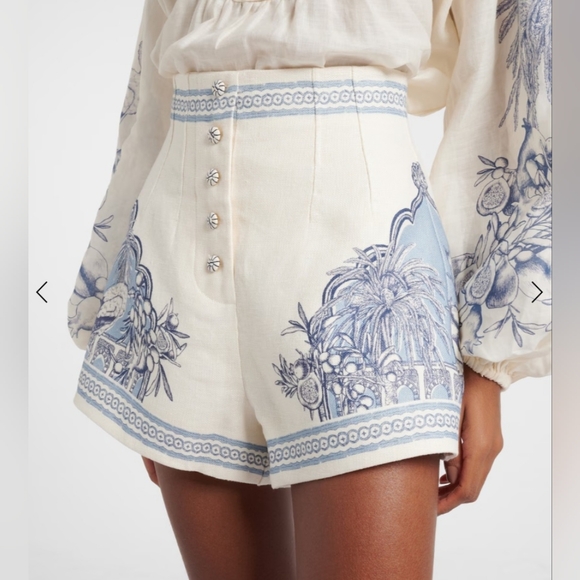Alemais Pants - Alemais Cream High-Waist Printed Bermuda Shorts with Blue Toile Motif